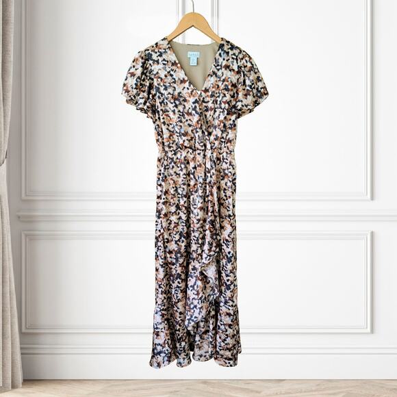 Nicole Miller Flutter Sleeve Wrap Midi Maxi Dress Size Small Brown Tan Gray - Picture 6 of 7